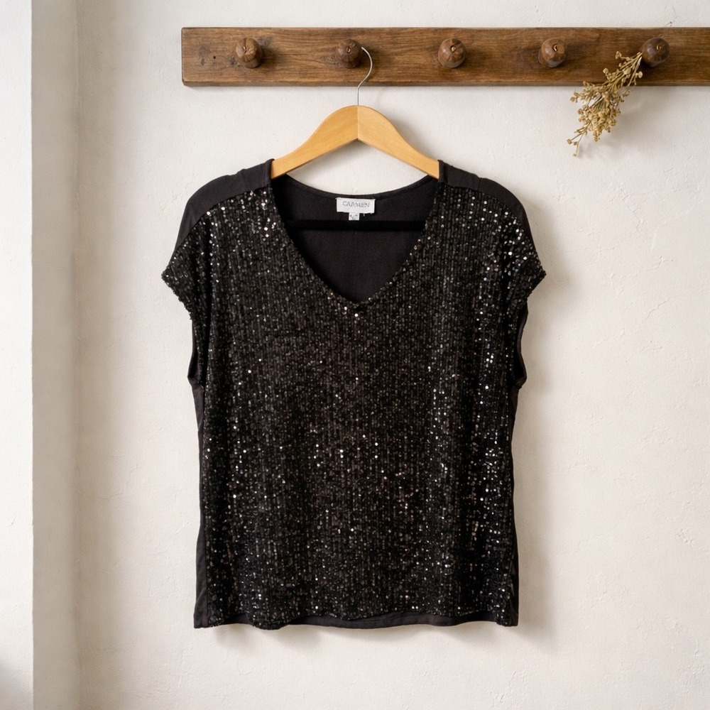 Carmen Marc Valvo Sequin Top Women XL Black Excellent V-Neck Cap Sleeve Blouse‎